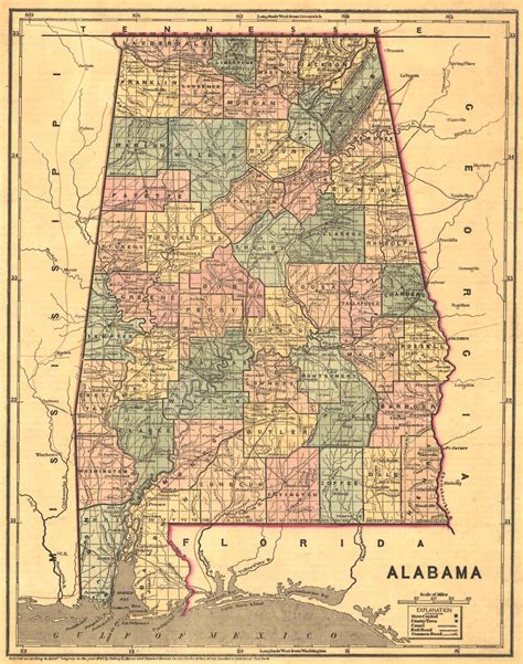 1848 Map Of Alabama Counties World Atlas Map Vintage Wall Art