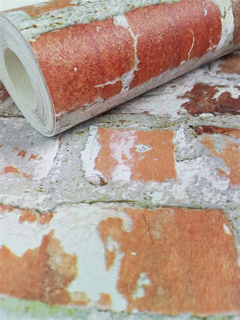 Loft Brick Effect Wallpaper Orange Grey Stone Slate Rustic Weathered