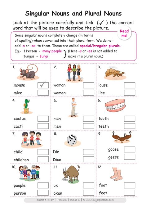 English Worksheets Grade 1 Chapter Nouns Key2practice