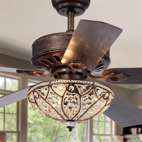 Gliska 52 Inch 5 Blade Rustic Bronze Lighted Ceiling Fans With Crystal