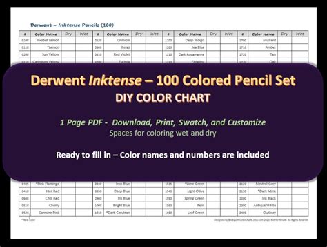 Derwent Inktense Pencil Set Diy Blank Color Chart Swatch Sheet