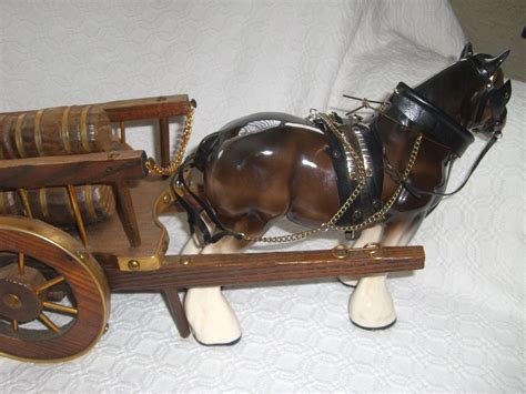 A Vintage 1940s 50s Pottery Shire Horse With Harness And Wooden Cart