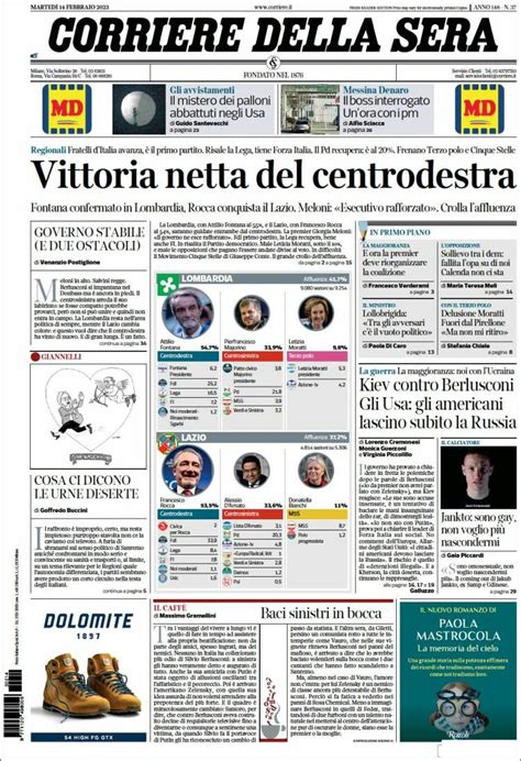 Journal Corriere Della Sera Italie Les Unes Des Journaux De Italie