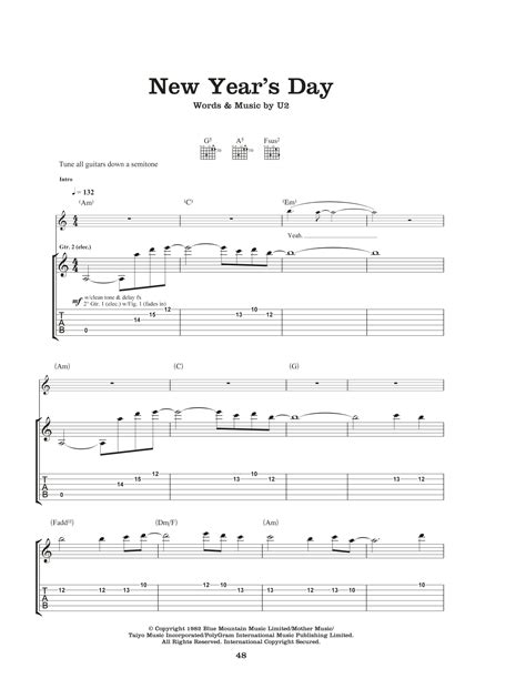New Years Day Sheet Music U2 Guitar Tab