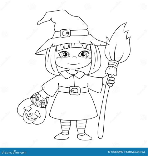Cute Little Halloween Witch Black And White Vector Illustration For