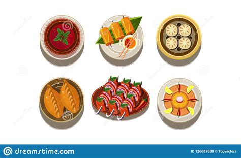 Flat Vector Set Of Plates With Tasty Asian Dishes Traditional Chinese