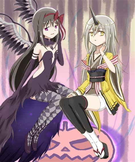 Safebooru 2girls Akemi Homura Akuma Homura Black Hair Demon Girl Grey Hair Hair Ornament