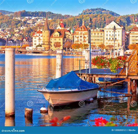 City Of Lucerne Lake Waterfront And Harbor View Stock Photo Image Of City Kapellbrucke