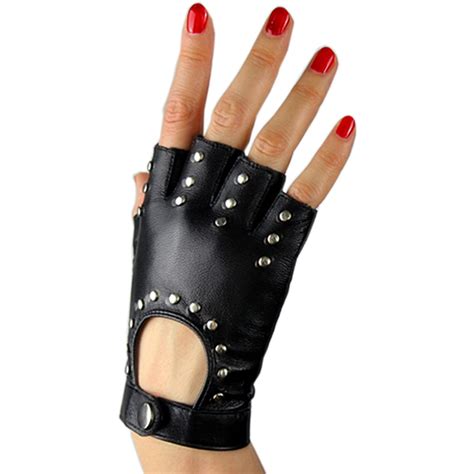 Fashion Black Genuine Leather Half Finger Gloves Pure Sheepskin