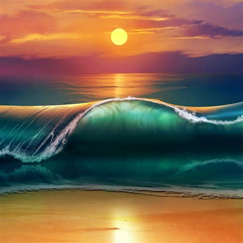 Art Sunset Beach Sea Waves Ipad Air Wallpapers Free Download