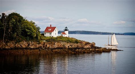 Sailboat Approaches Lighthouse Stock Photo Image Of Maine Island