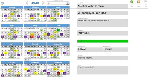 Annual Dynamic Planner In Excel With Colors And Event Categories