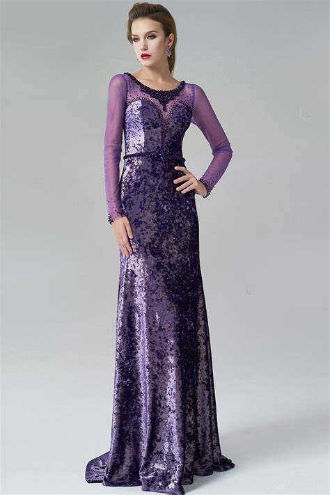 Elegant Long Sleeves Velvet Sheer Purple Evening Dress Xhs80251