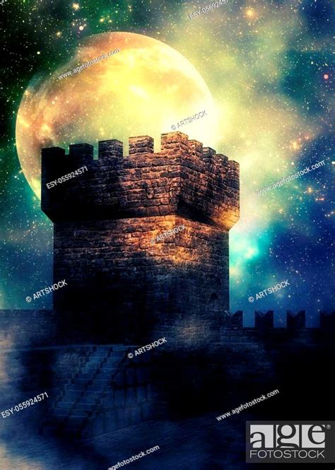 Digital Rendered Medieval Fortress Over Night Starry Sky Background