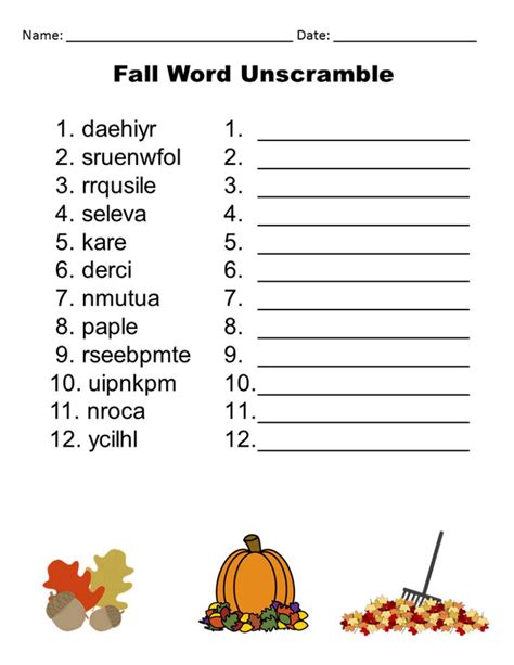 Fall Word Scramble Printable