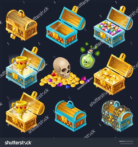 Collection Isolated Wooden Chests Treasures Gold Stock Vector Royalty