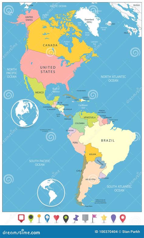North And South America Political Map And Flat Map Markers Vector