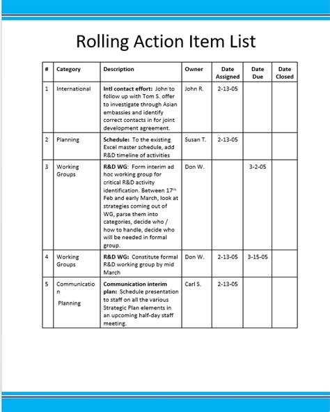 Rolling Action Item List Excel Template