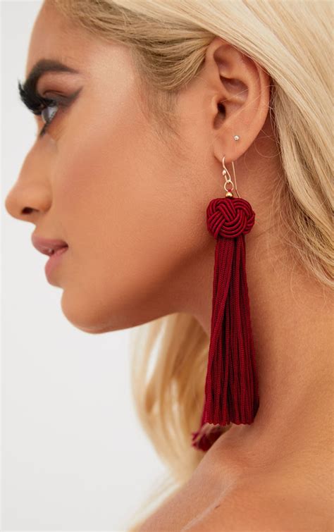 Burgundy Knotted Tassel Earrings Accessories Prettylittlething