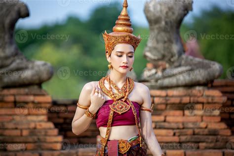 Asia Woman Wearing Traditional Thai Dressthe Costume Of The National