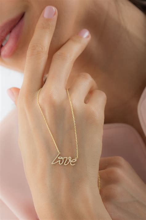 14k 18k Solid Gold Diamond Love Necklace Dainty Minimalist Etsy