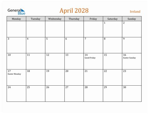 Free April 2028 Ireland Calendar