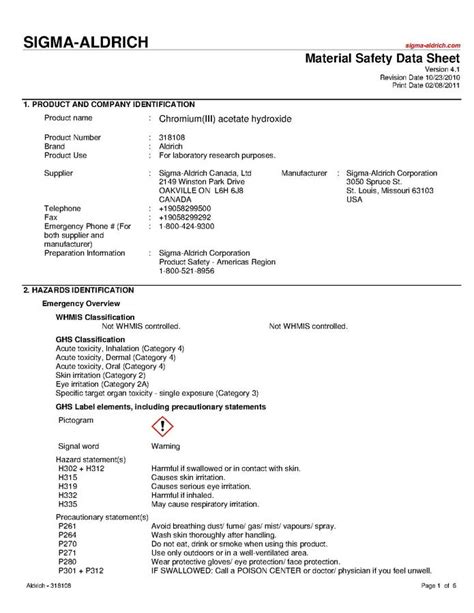Material Safety Data Sheet 1 Chemical Product And Company