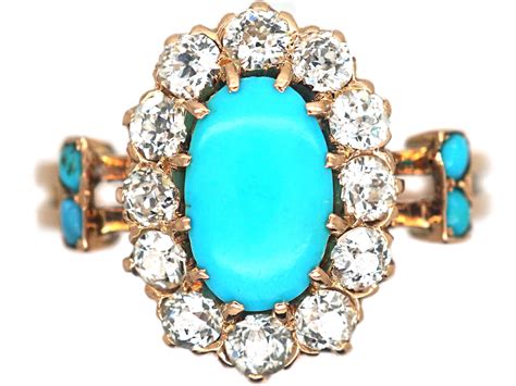 Edwardian 15ct Gold Turquoise Diamond Oval Cluster Ring With