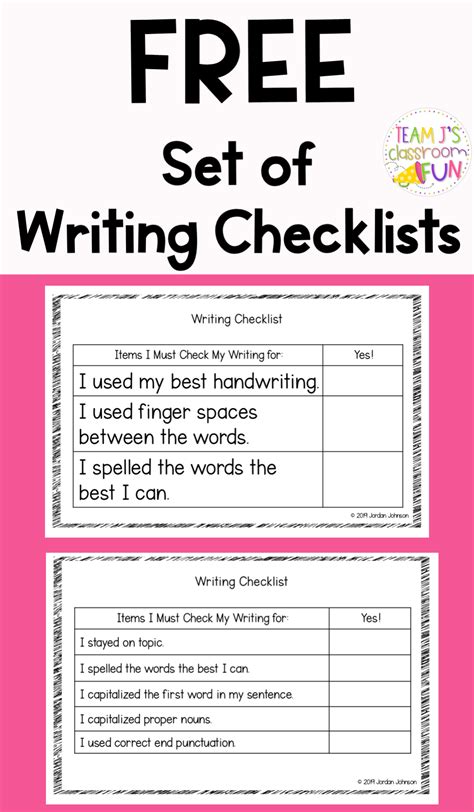 Free Writing Checklists Writing Checklist Elementary Writing