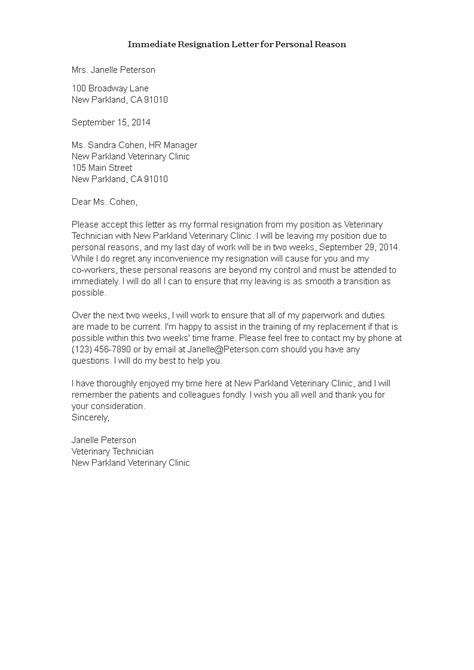 Immediate Resignation Letter For Personal Reason Templates At
