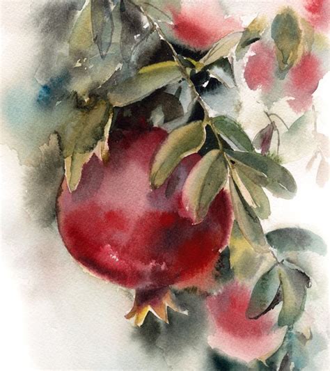 Pomegranates Painting Art Print Red Green Botanical Etsy