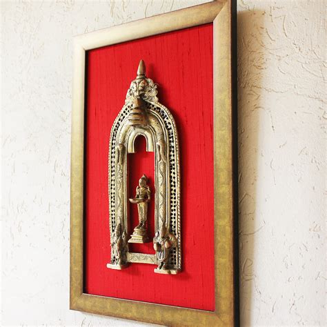 Brass Temple Prabhavali With Deep Lakshmi Framed On Red Raw Silk Ht 4