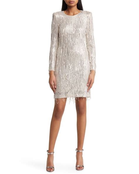 Eliza J Sequin Fringed Long Sleeve Cocktail Dress In Natural Lyst