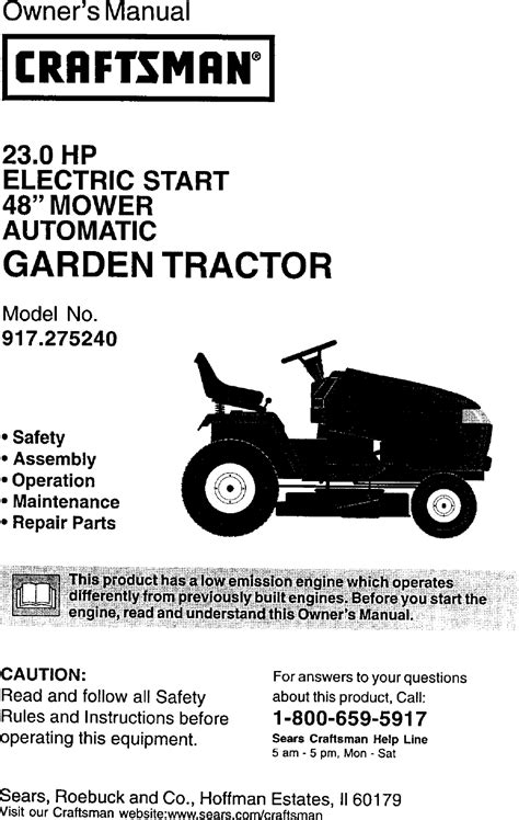 Craftsman 917275240 User Manual Lawn Tractor Manuals And Guides L0109174