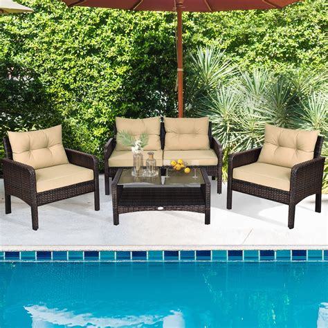 Gymax 4pcs Rattan Wicker Patio Conversation Set Cushioned Outdoor