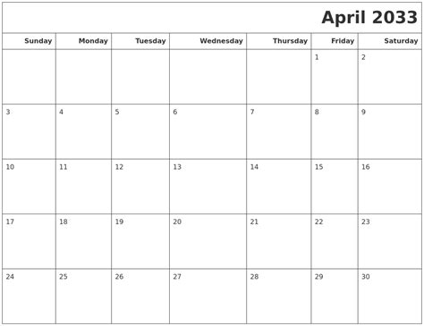 April 2033 Calendars To Print