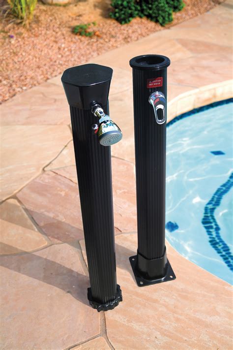 A bag, often made of black pvc, is filled with water and placed in the sun, which. Outdoor & Backyard Solar Poolside Shower - PoolSupplies.com