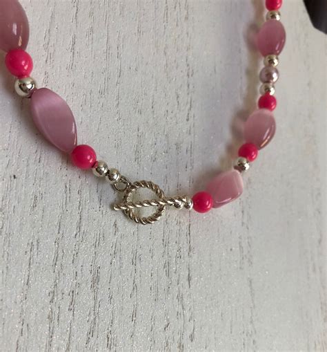 Beaded 22” Long Breast Cancer Awareness Pink Cats Eye And Silver Necklace