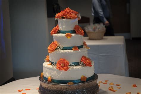 My Delicious Cake With Coral Orange Roses And Teal Ribbon Coral