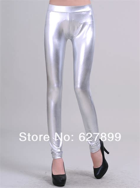 2014 New Women Stretchy Skinny Faux Leather Low Waisted Sexy Leather Wet Metallic Silver Tight