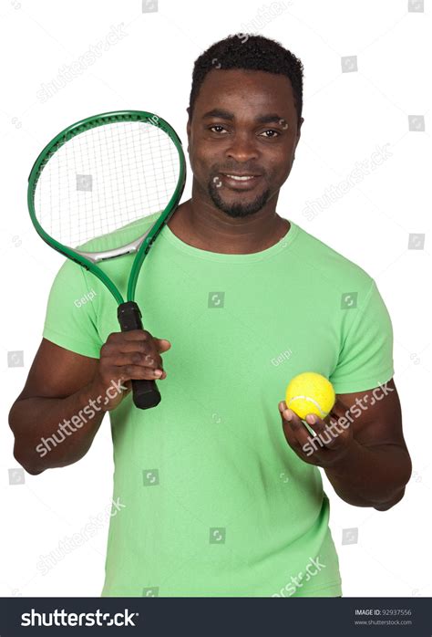 Attractive African Man Tennis Racket Isolated Stock Photo 92937556
