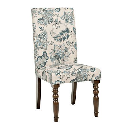 Upholstered dining arm chair featuring tall back and gracefully profiled arms. Navy Floral Parsons Chair | Parsons chairs, Dream dining room