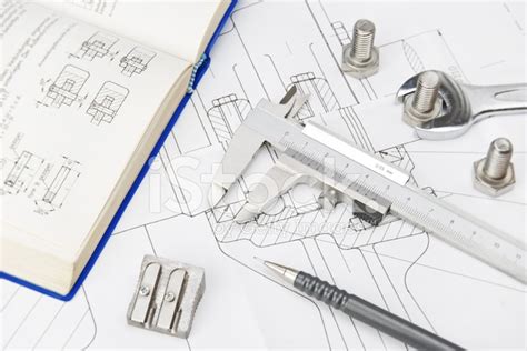 Engineering Tools On Technical Drawing Stock Photo Royalty Free