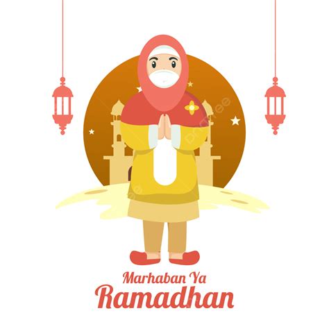 Gambar Kartu Ucapan Marhaban Ya Ramadhan Dengan Kartun Hijab Gadis Muslim Ramadhan Puasa