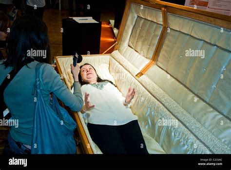 Paris France Woman Being Interviewed While Laying In A Casket At