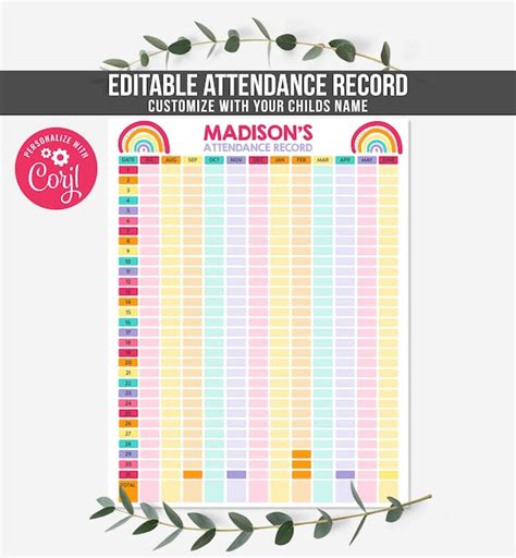 Editable Attendance Record Homeschool Planner Rainbow Etsy