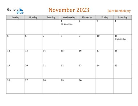 Saint Barthelemy November 2023 Calendar With Holidays