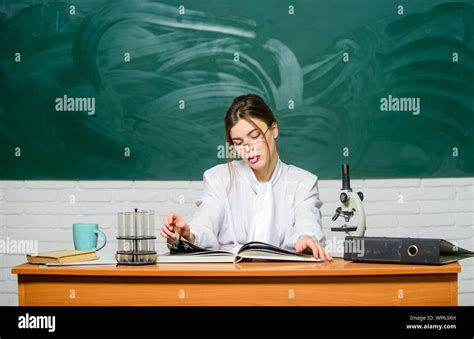 Biology Student Sit Classroom Chalkboard Background Scientific