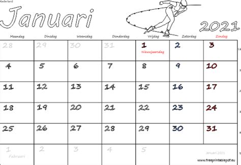 Download de kalender (met feestdagen) 2021 om af te drukken. Kalender Januari 2021 Nederland | Gratis printbare PDF