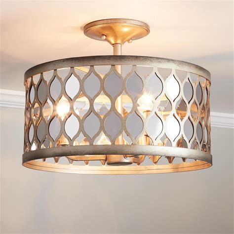 Camberley 3 Light Semi Flush Mount Drum Light Antique Silver Leaf